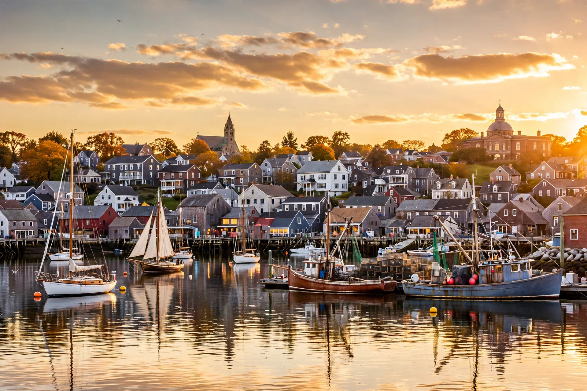 Gloucester Harbor, Massachusetts glowing at golden hour