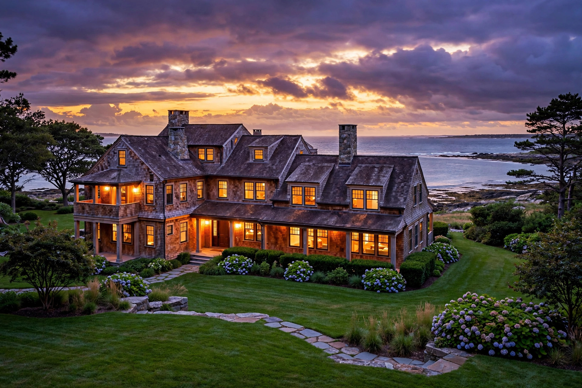 Waterfront luxury estate on Massachusetts' North Shore, shingle-style mansion with a stone terrace overlooking the Atlantic at golden hour