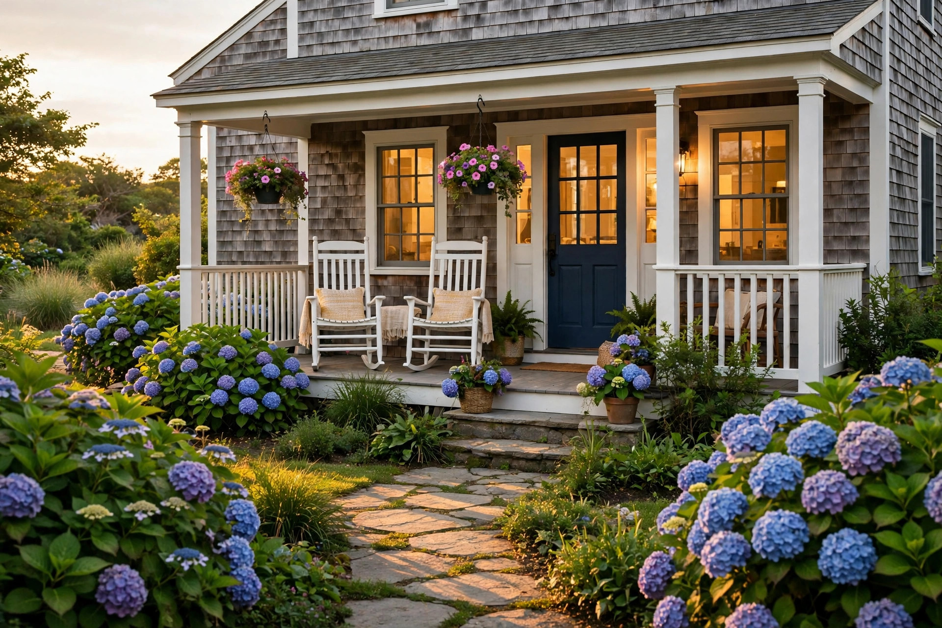 Charming coastal Massachusetts cottage front porch at golden hour, rocking chairs and hydrangeas