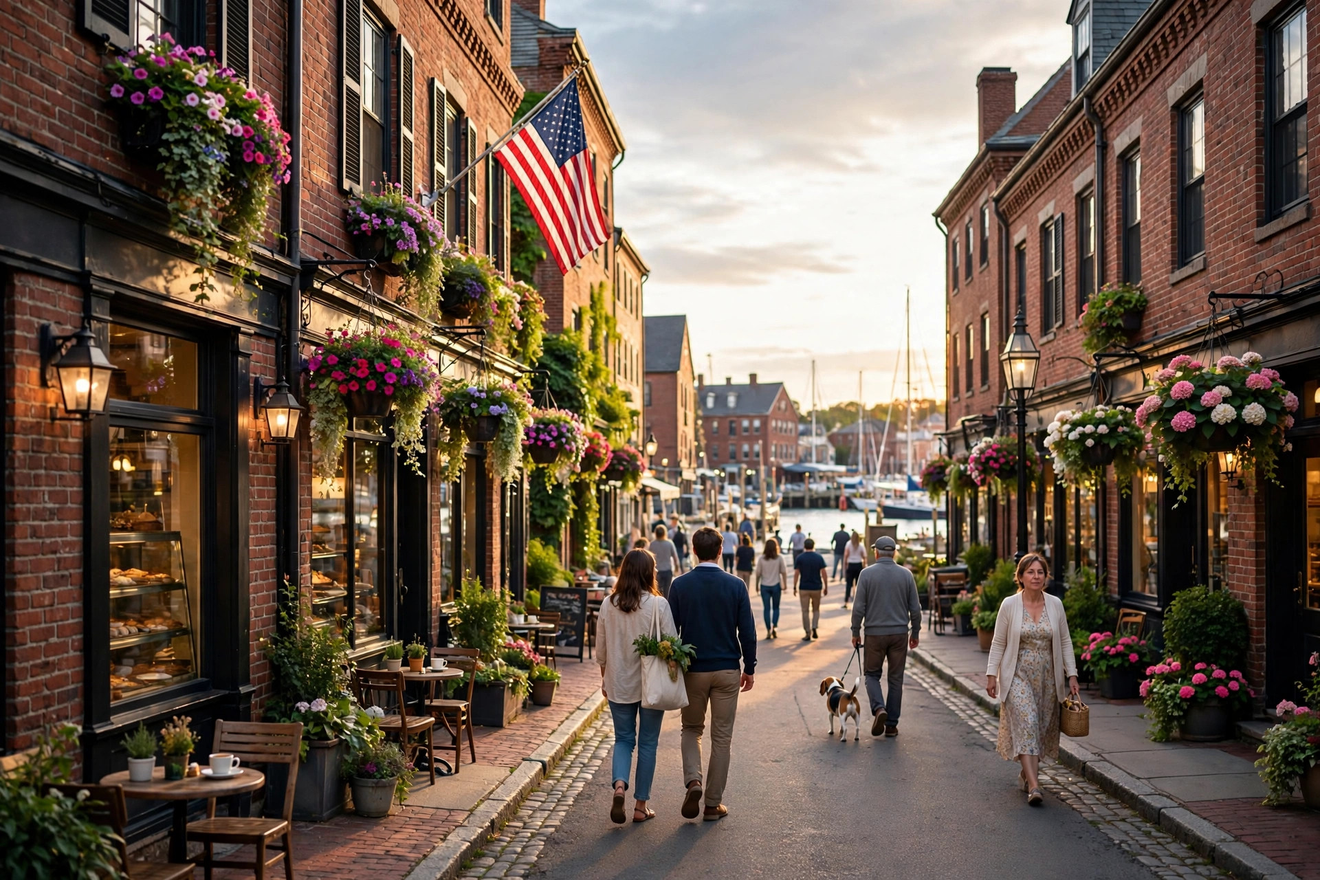 Premium New England commercial streetscape, historic downtown with upscale retail and offices on the North Shore of Massachusetts