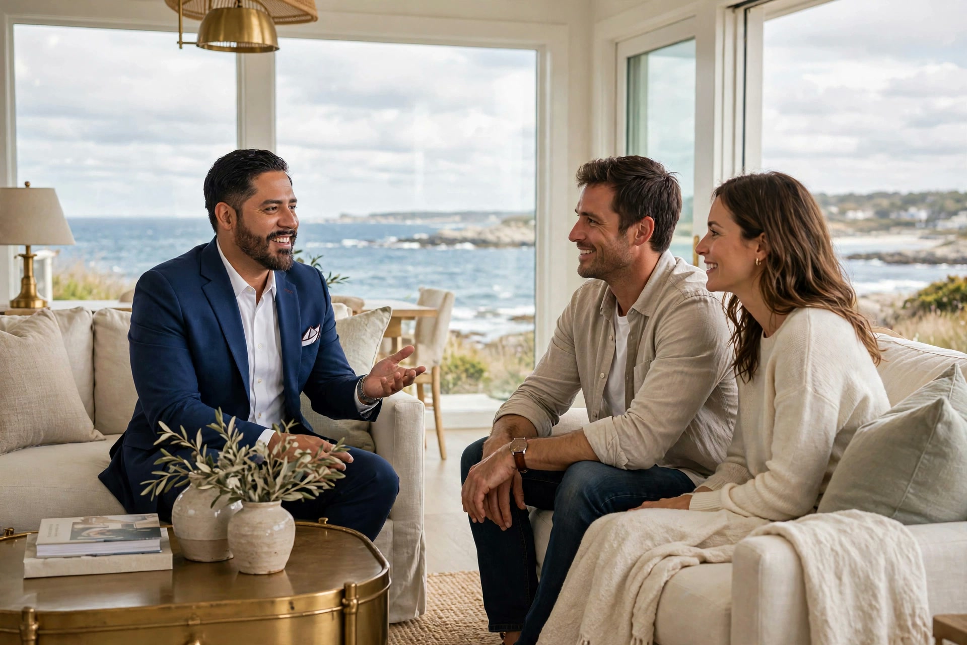 A Realtor advising home buyers inside a bright luxury coastal Massachusetts home