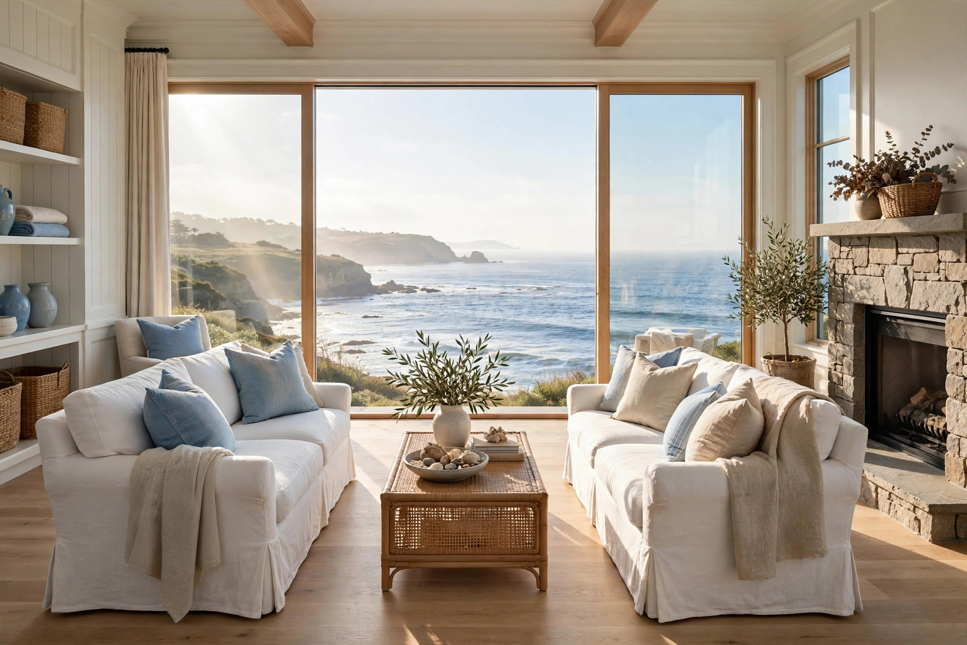 Sunlit luxury coastal living room with ocean views, bright elegant interior in Gloucester Massachusetts