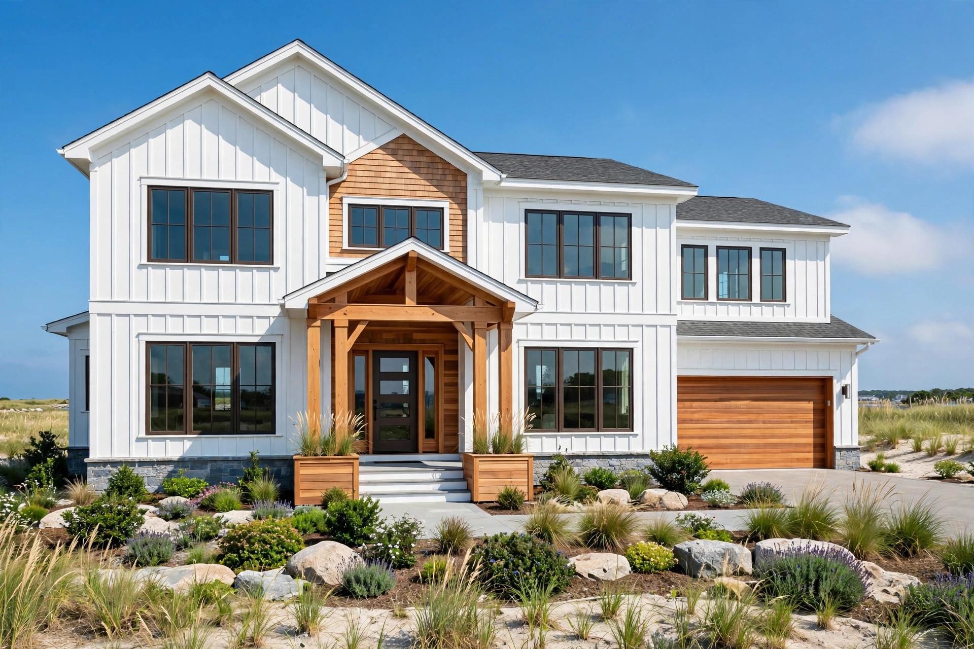 New luxury coastal construction on the North Shore of Massachusetts, shingle-style home in final finishes, bright architectural photography