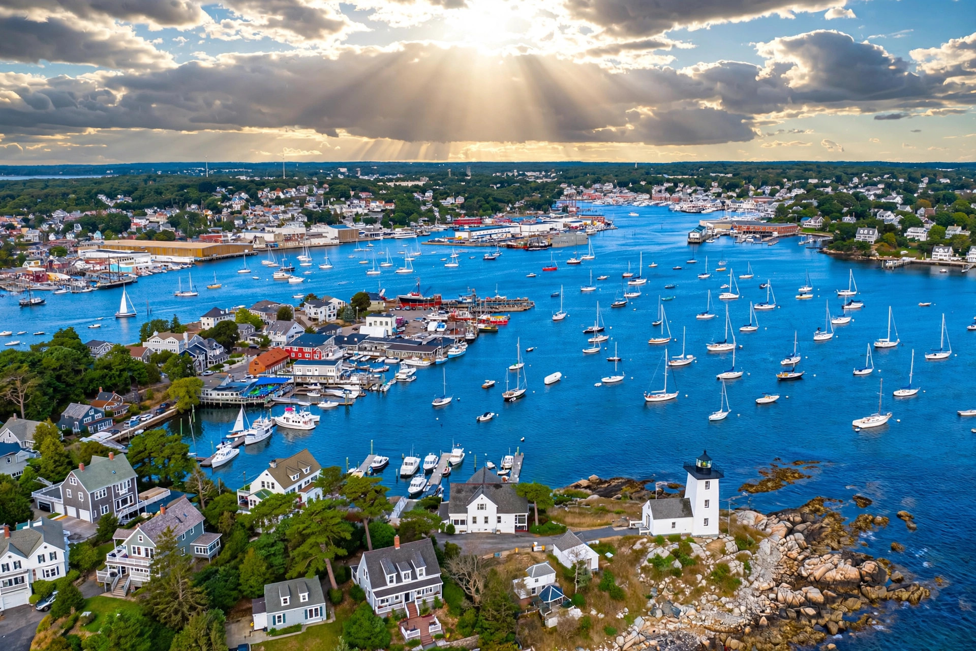 Beverly Harbor with sailboats at mooring and Hospital Point lighthouse