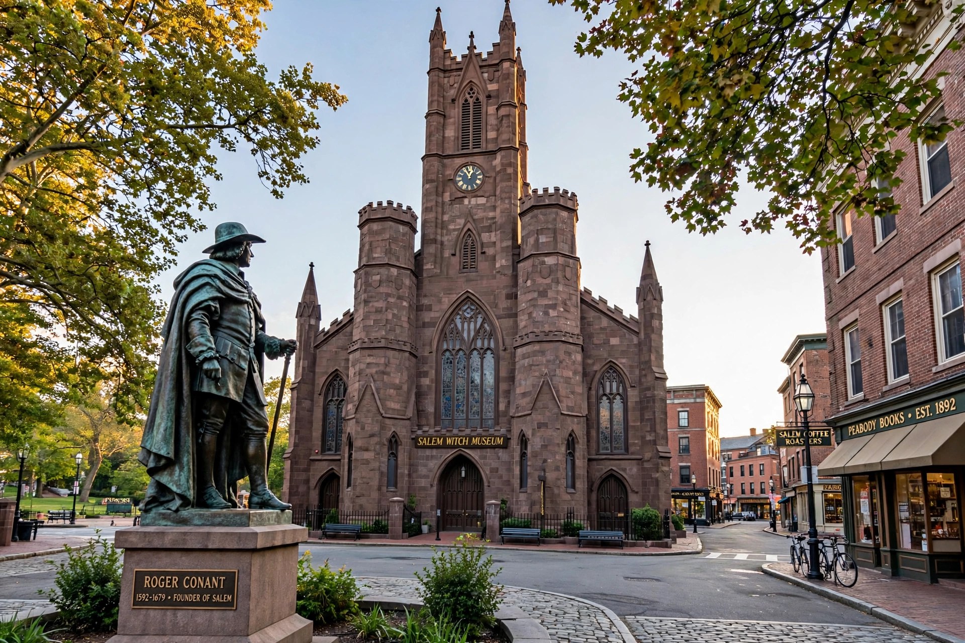 The Salem Witch Museum, a brownstone Gothic church on Washington Square in Salem, Massachusetts, with the Roger Conant statue in front