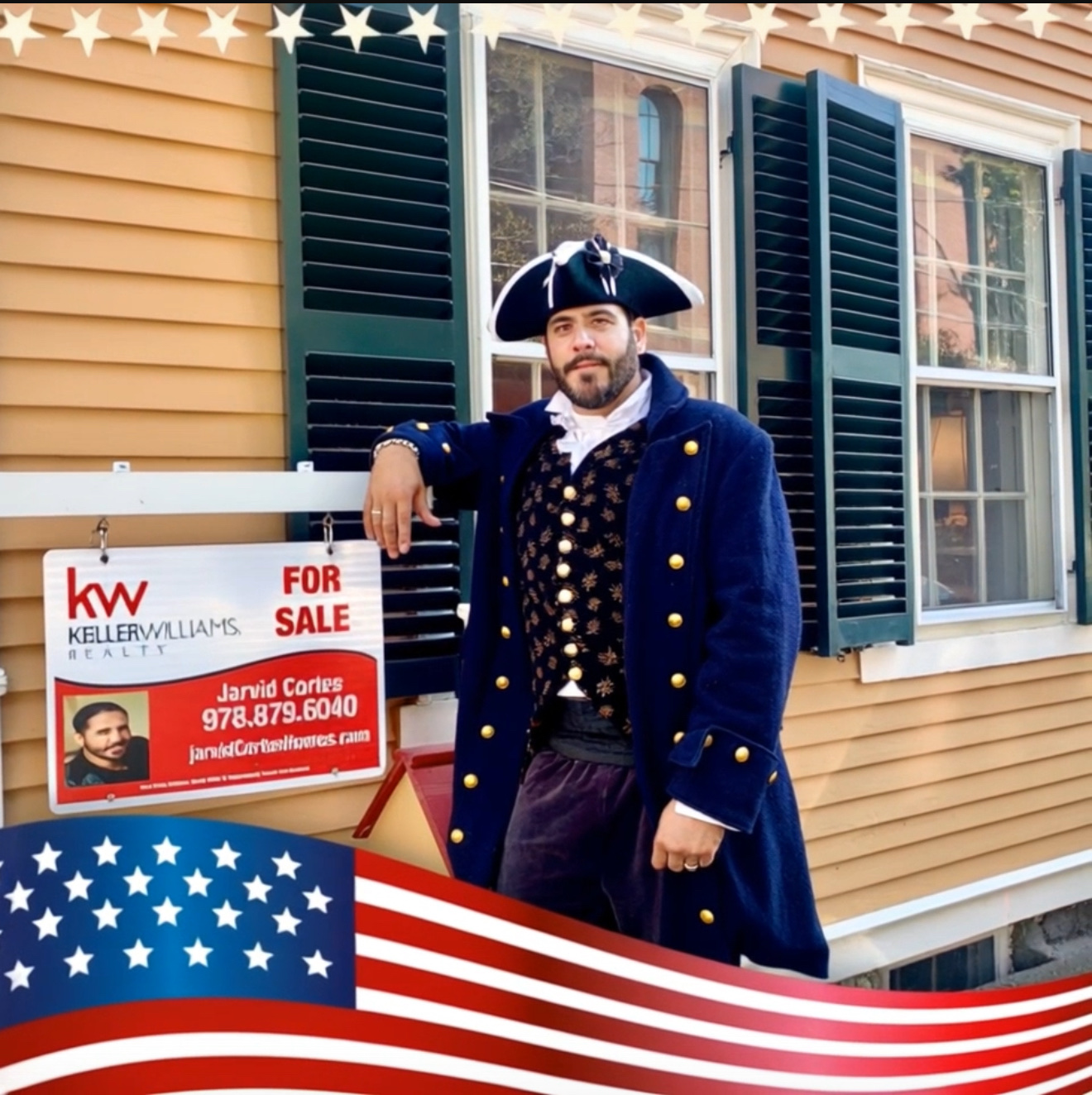 Jarvid Cortes dressed as George Washington in colonial costume beside his Keller Williams for sale sign at 12 Washington Square, Marblehead